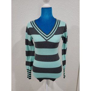 Rue 21 Teal Gray Striped V-neck Knit Sweater Size S
